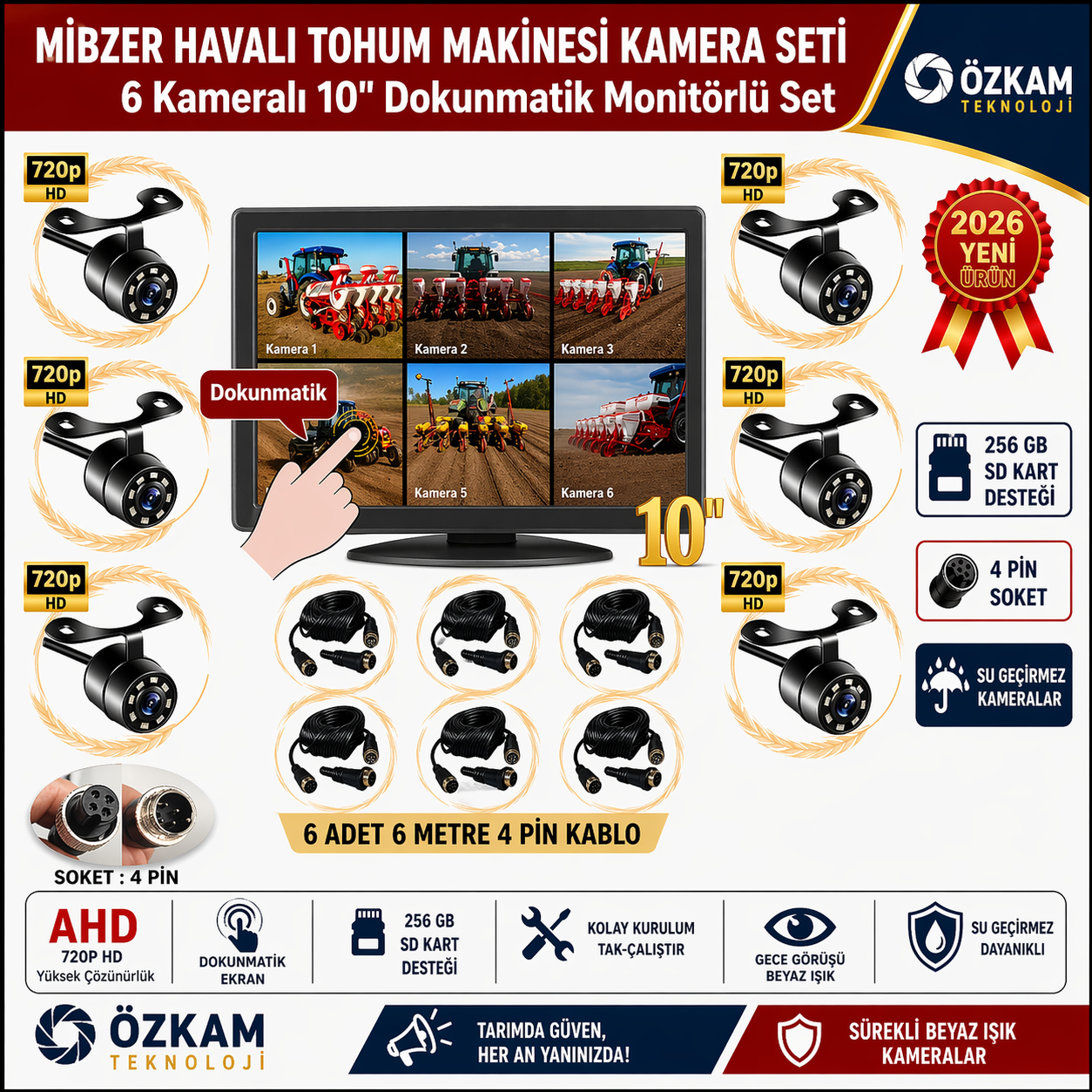 6 Kameralı Mibzer için 10 inç Dokunmatik Monitör Altıya Bölen Kayıtlı 256 Gb Sd Kart Destekli