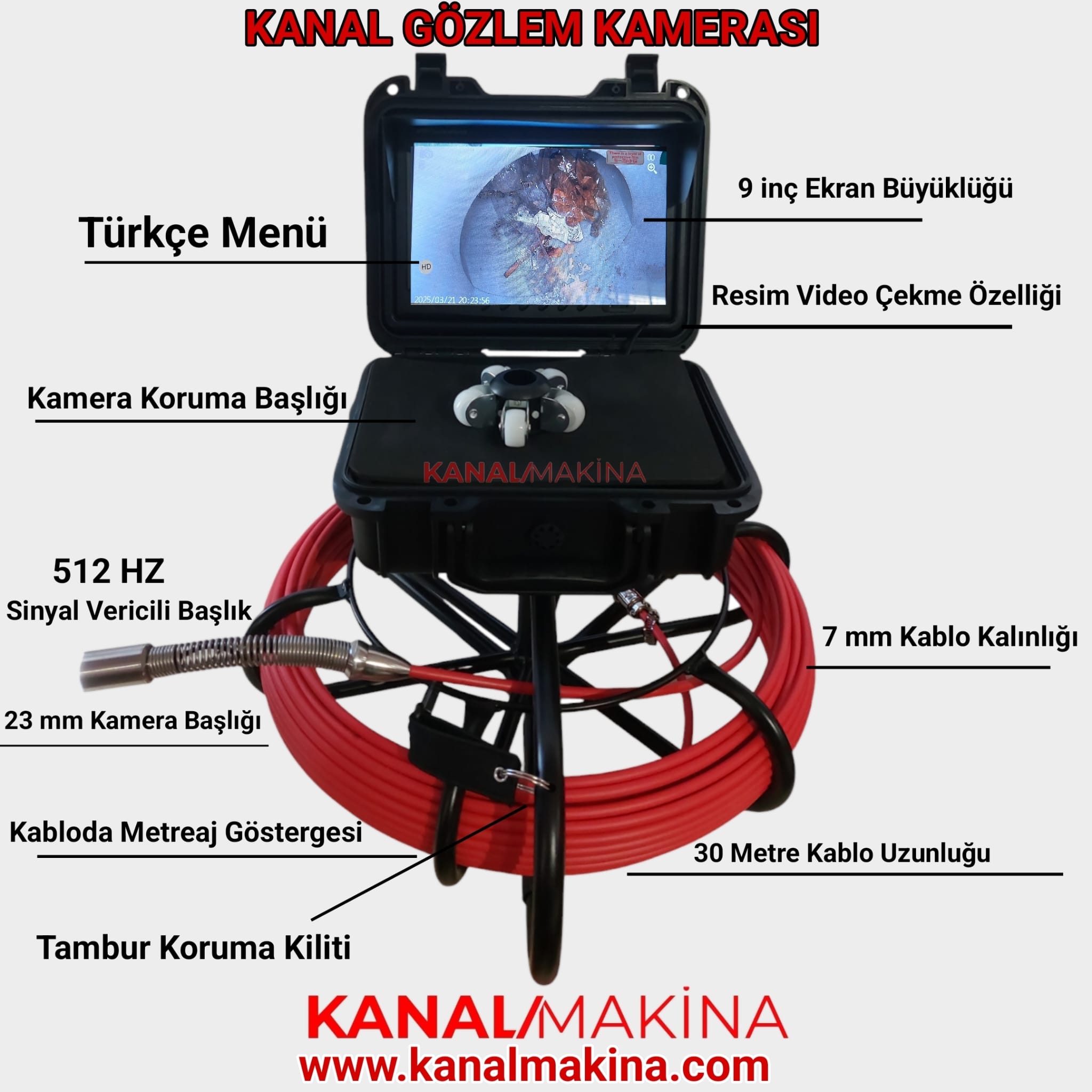 Kanal Makina Kanal Gözlem Kamerası 30 Metre Kablo Sinyal Vericili